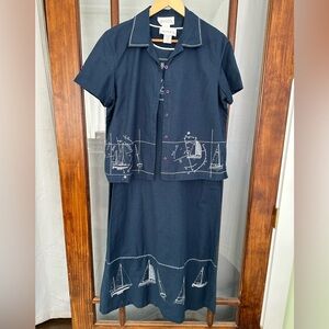 Vintage Casual Corner Linen Blend Dress Jacket Set Midi Classic Small Sailboats